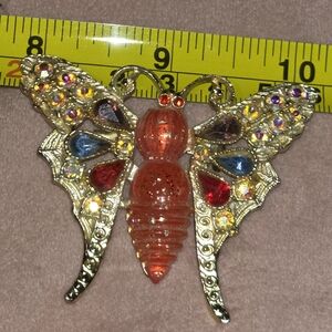 Vtg Butterfly Lucite Brooch Feather Spiderweb Wings Red Gold Tone AB Rhinestones